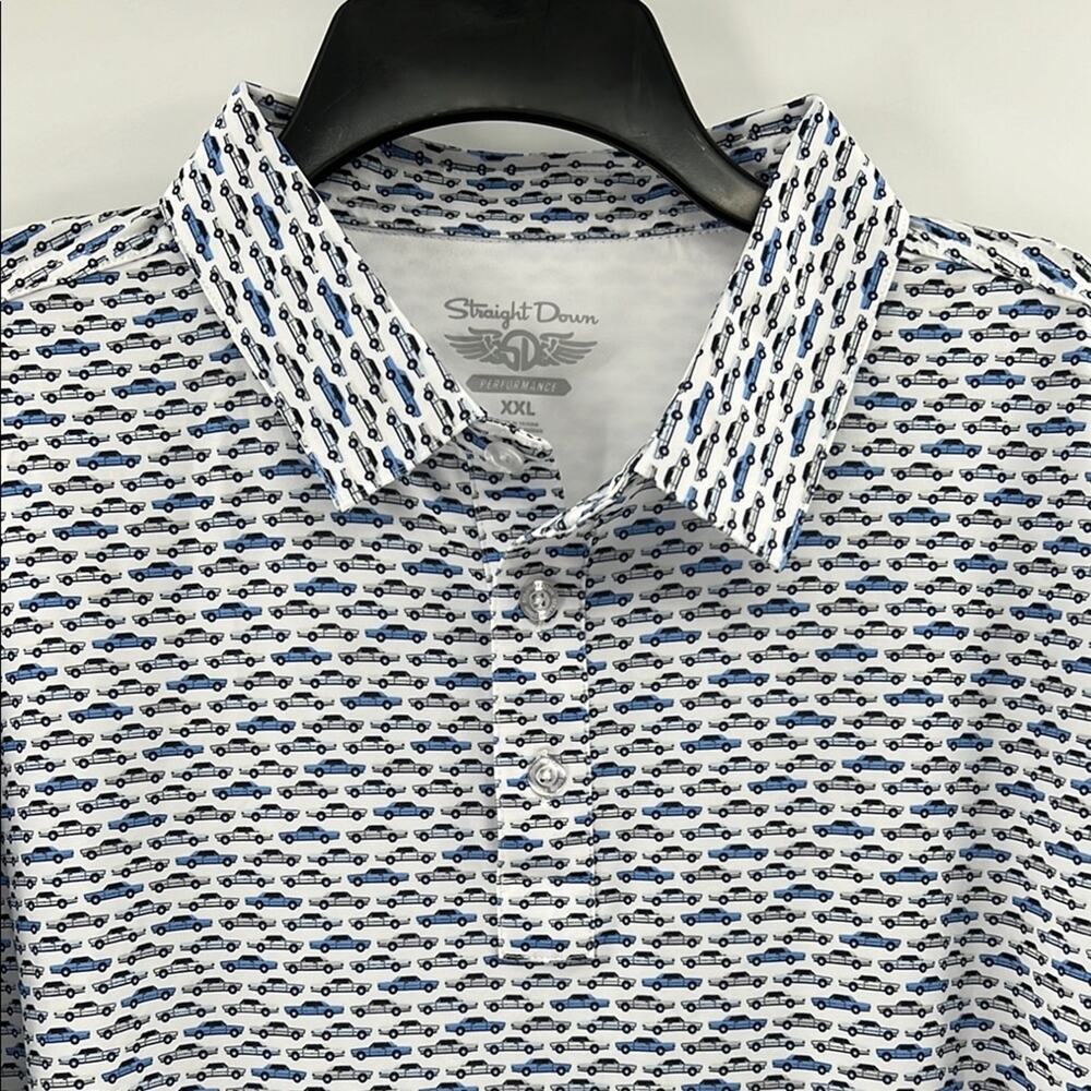 Straight Down Car Print Performance SS Polo Shirt - Blue/White - XXL